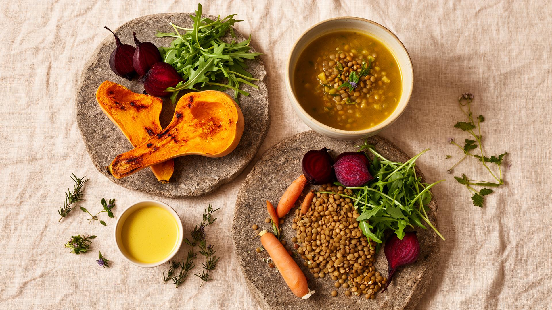 Ayurvedic nourishing food on stone plates